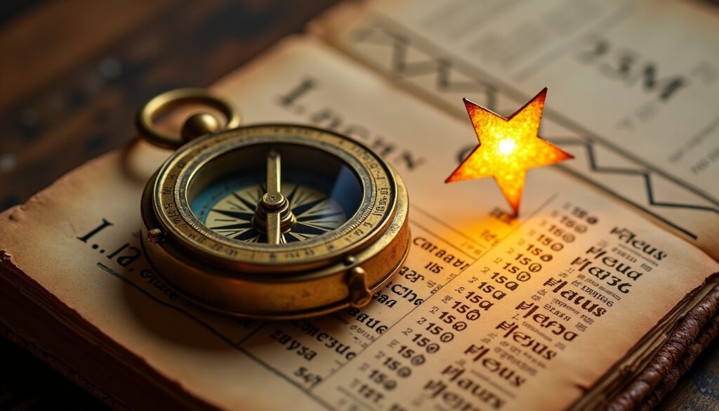 A vintage, ornate brass compass resting on an old leather-bound financial ledger
