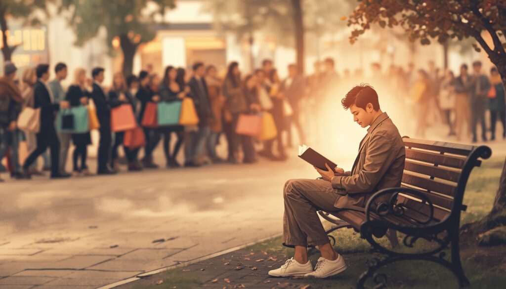 A_person_calmly_sitting_on_a_park_bench_reading_a_book_while_in_the_blurred_back