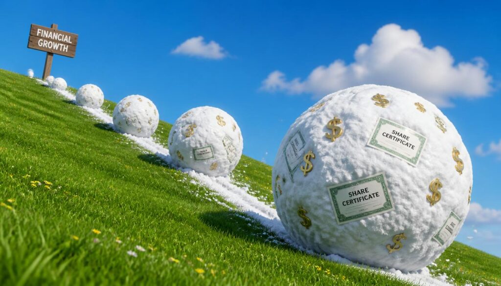 A_visual_metaphor_of_a_snowball_rolling_down_a_gentle_green_hill_growing_larger_-0