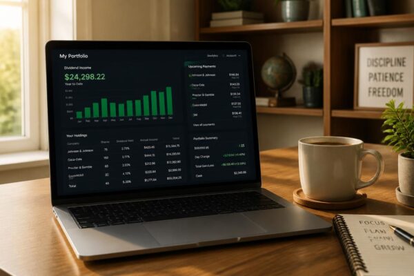 A_warm_modern_home_office_desk_with_a_laptop_displaying_a_stock_portfolio_dashbo-0