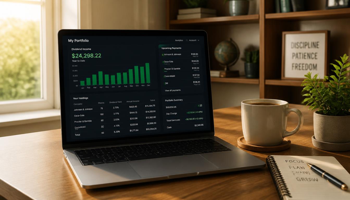 A_warm_modern_home_office_desk_with_a_laptop_displaying_a_stock_portfolio_dashbo-0