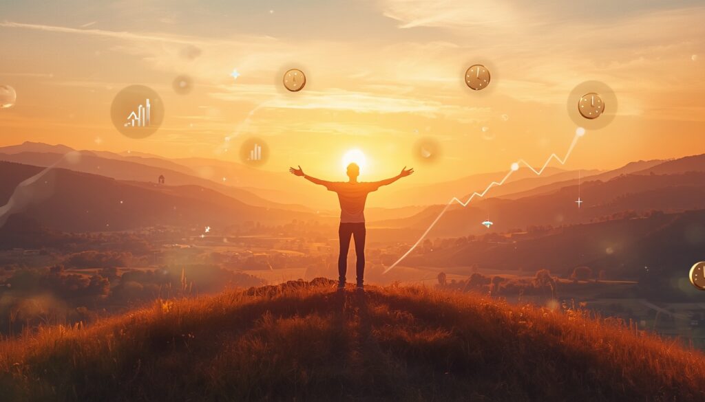 A_wide_scenic_view_of_a_person_standing_on_a_hilltop_at_sunrise_arms_open_overlo-0