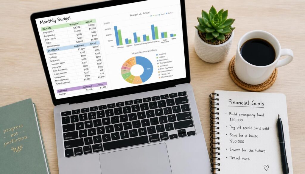 An overhead flat-lay photograph of a clean desk with a laptop showing a colorful budgeting spreadsheet