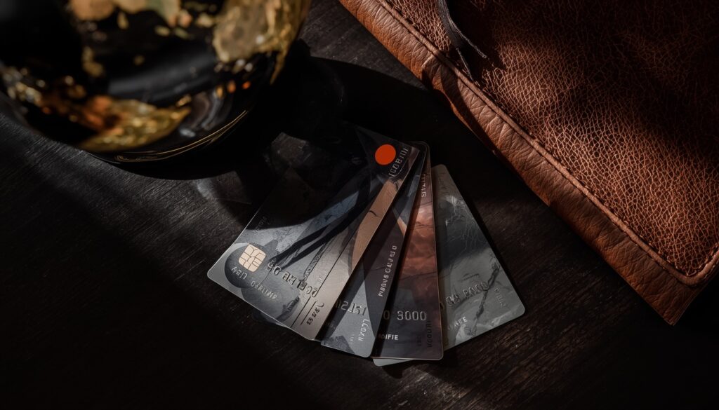 An overhead shot of three different premium credit cards fanned out on a dark wooden table