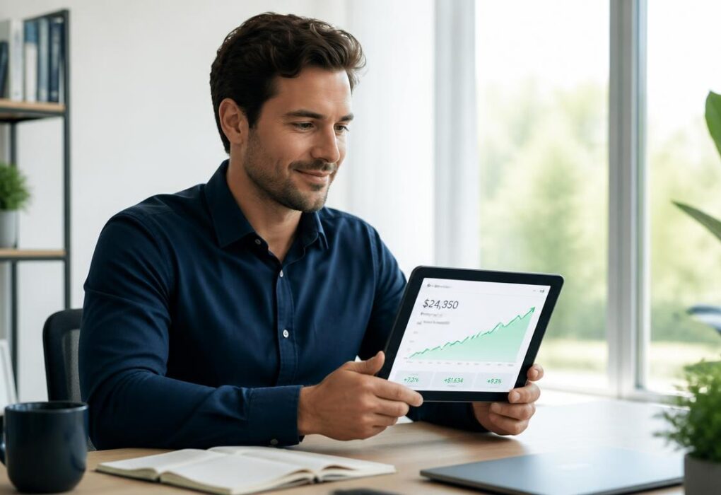 Beginner investor looking at a simple upward trending financial graph on a tablet, representing stress-free wealth building.