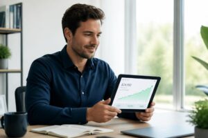 Beginner investor looking at a simple upward trending financial graph on a tablet, representing stress-free wealth building.