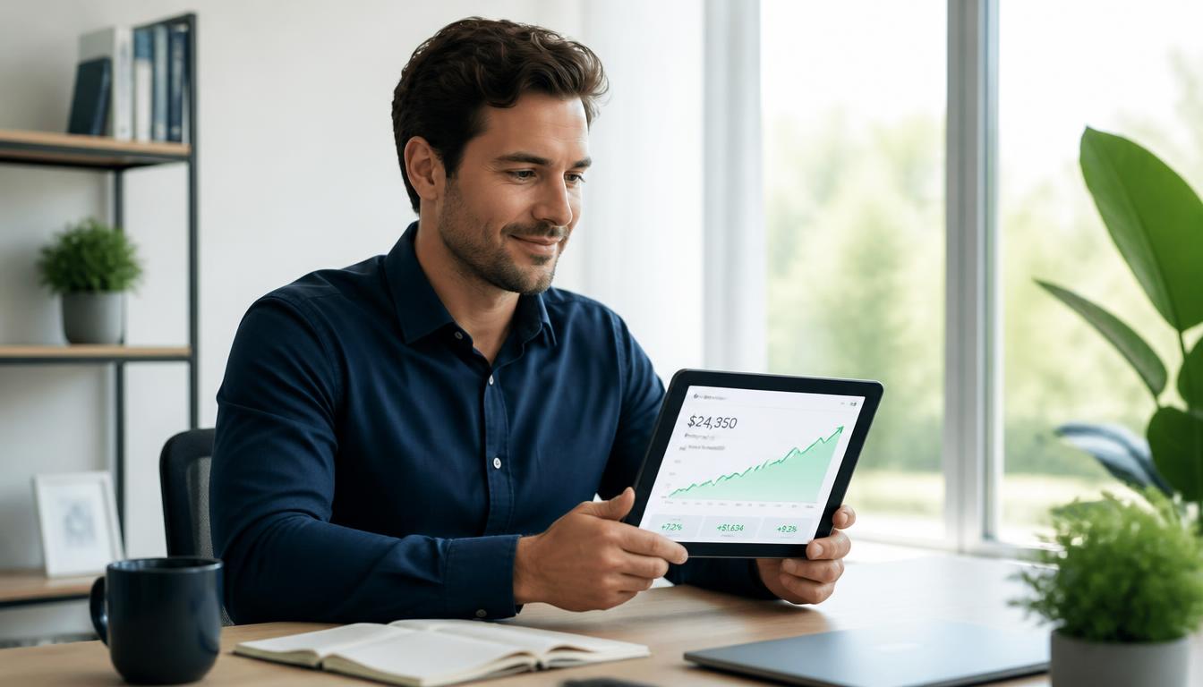 Beginner investor looking at a simple upward trending financial graph on a tablet, representing stress-free wealth building.