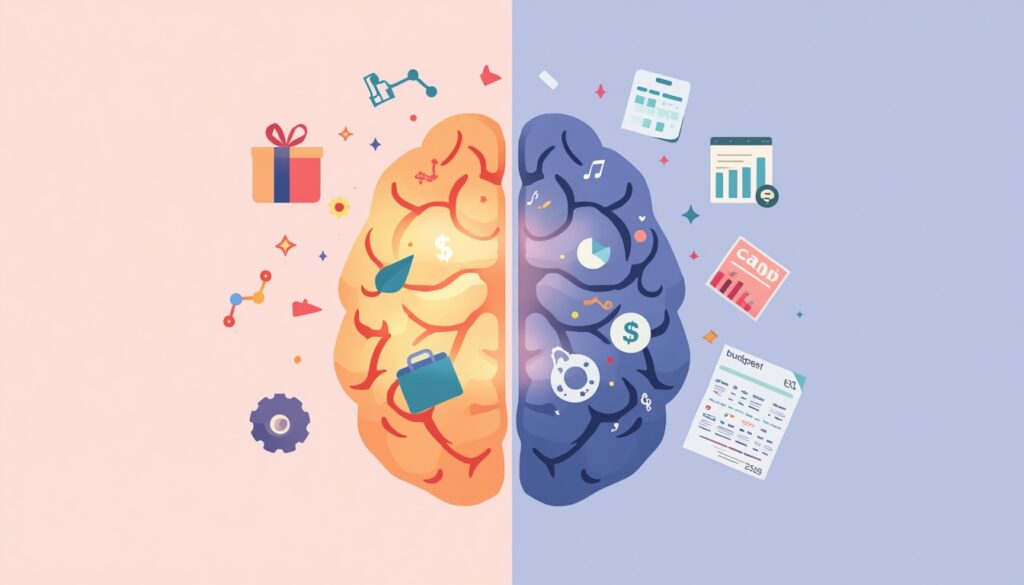 Brain illustration showing the psychological conflict between emotional spending and logical budgeting
