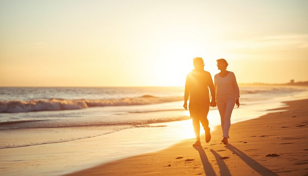 Couple walking on beach at sunset