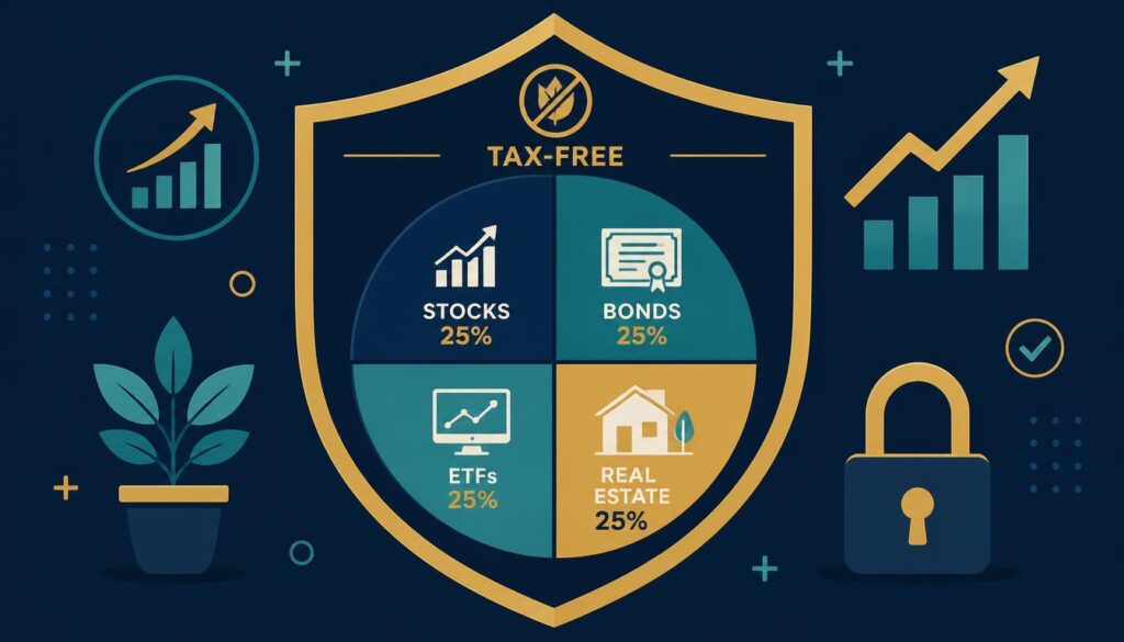 Diversified pie chart inside a shield with tax-free icon