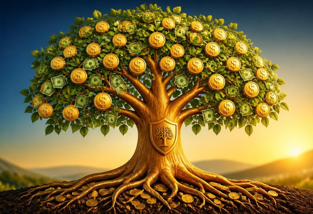 Golden coin tree with roots