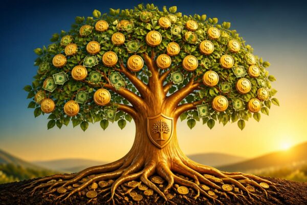Golden coin tree with roots
