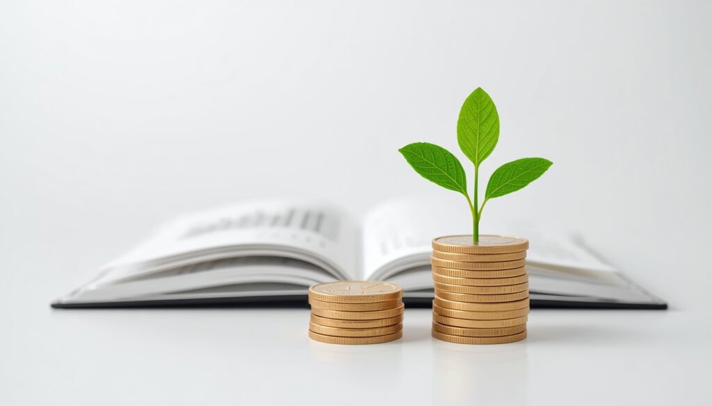 Green plant growing from coins next to an open financial journal symbolizing wealth building and financial growth.