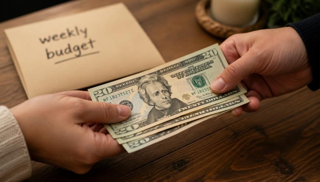 Hands exchanging cash to illustrate the cash-only budgeting method for controlling impulse spending