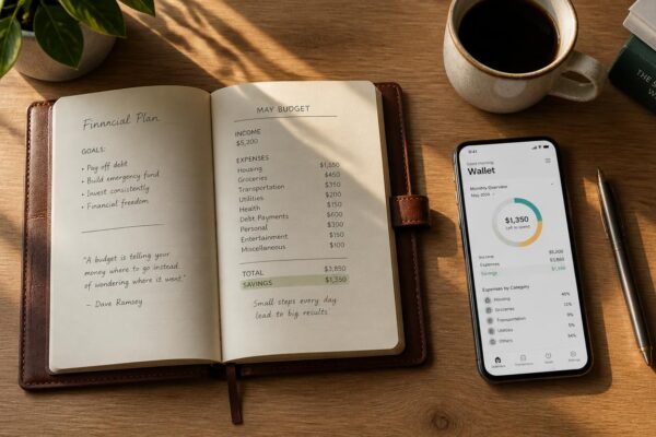 Open leather financial journal with a pen and smartphone on a wooden desk for money management.
