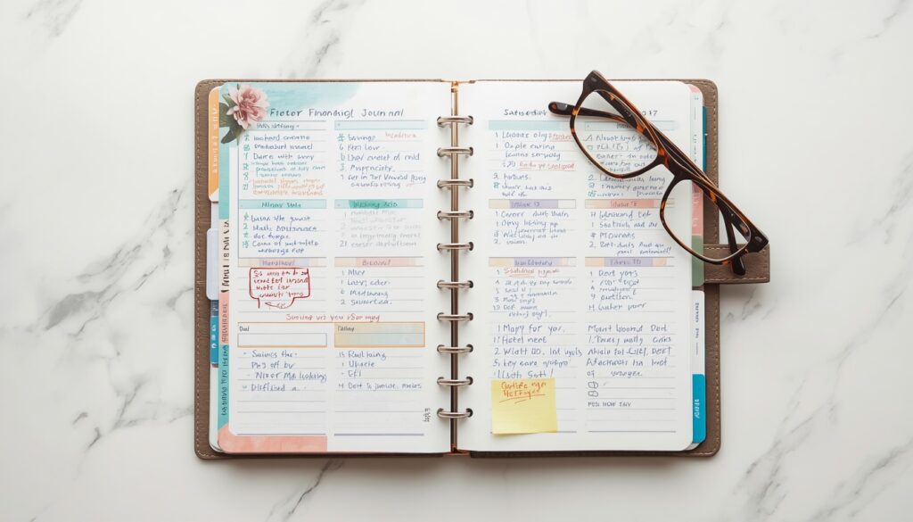Organized financial planner with handwritten notes, highlighters, and stickers for strategic money management.