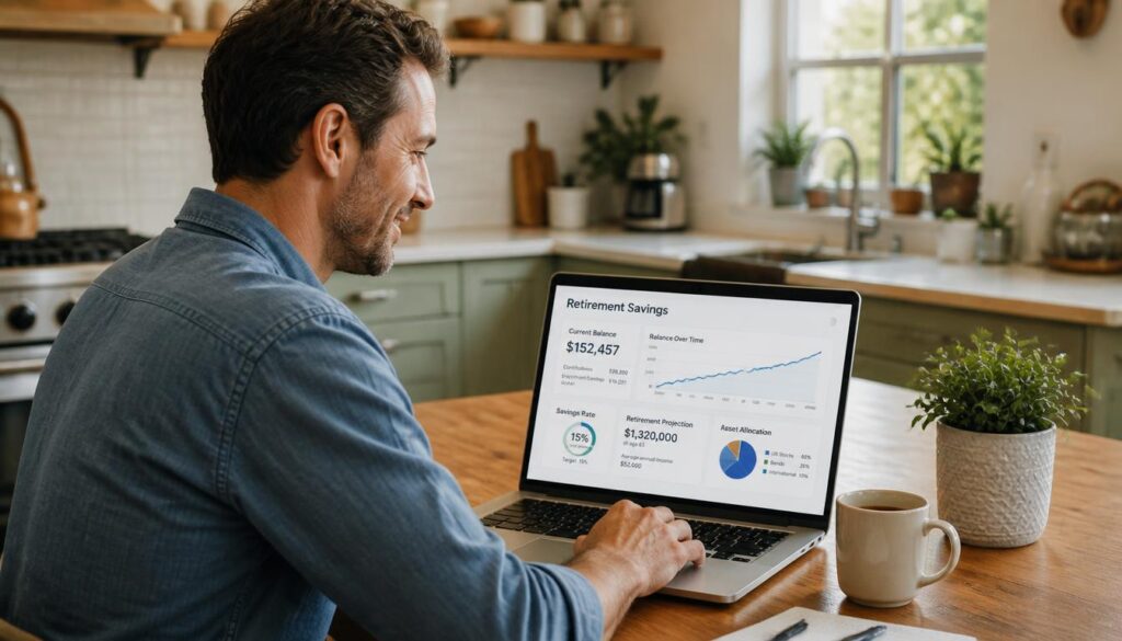 Person at kitchen table reviewing savings dashboard, warm cozy lighting.