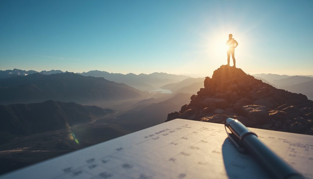 Person looking over a mountain valley with a financial journal in the foreground, symbolizing financial freedom and long-term wealth.