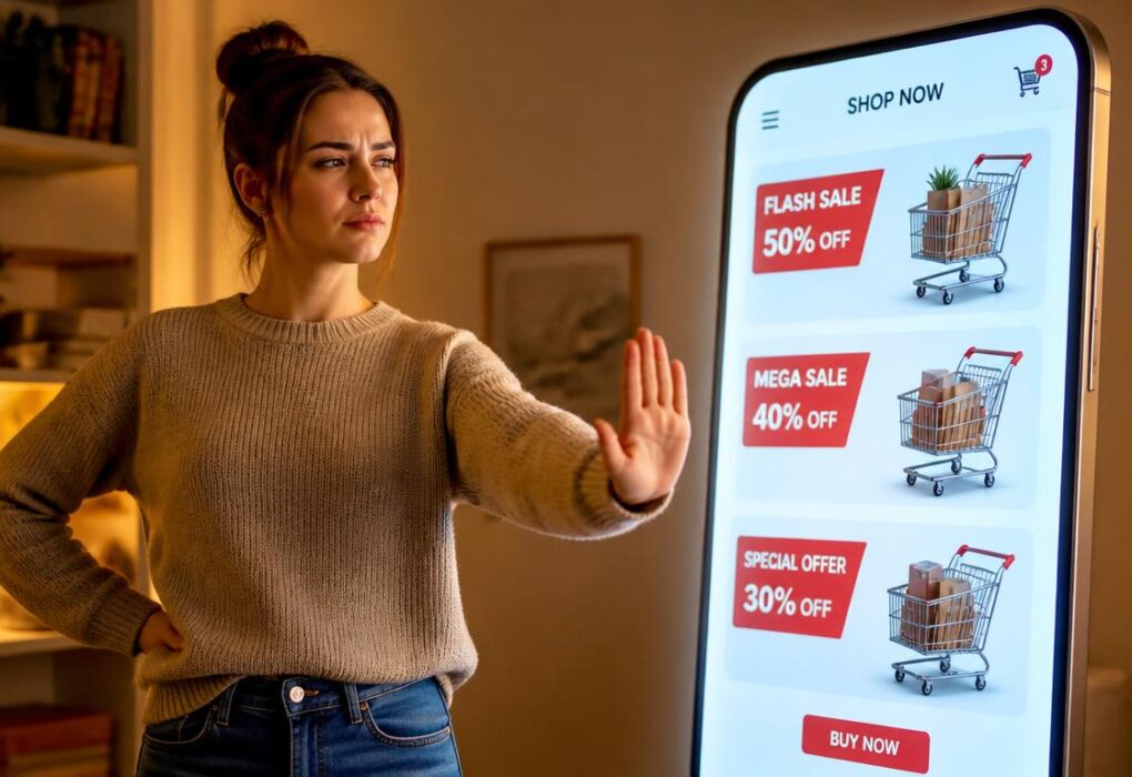 Person resisting the urge to make an impulse purchase on their smartphone