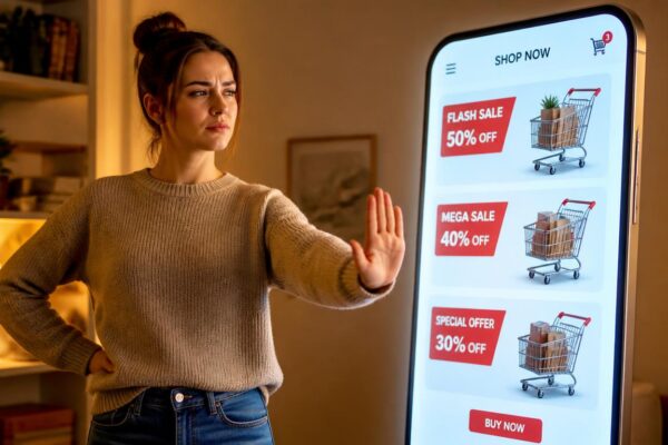 Person resisting the urge to make an impulse purchase on their smartphone