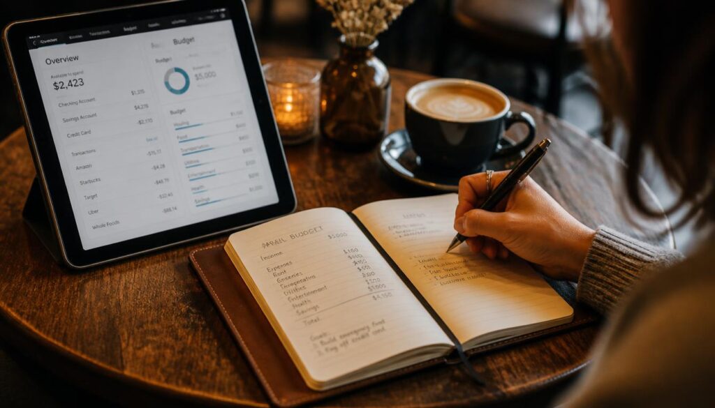 Person tracking their spending habits in a journal to build awareness and stop impulse purchases