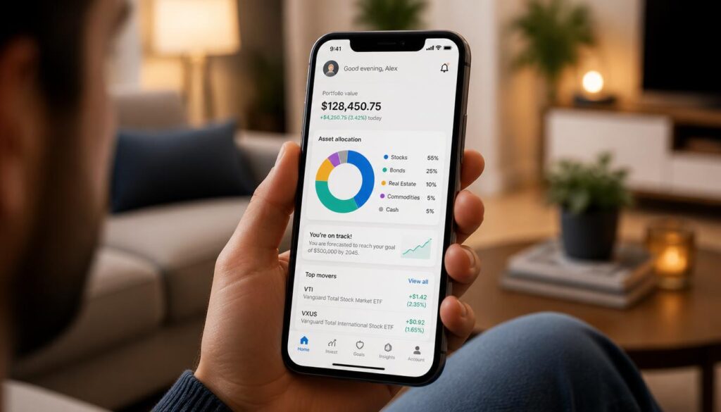 Person using a modern smartphone to manage a diversified investment portfolio through a user-friendly mobile app.
