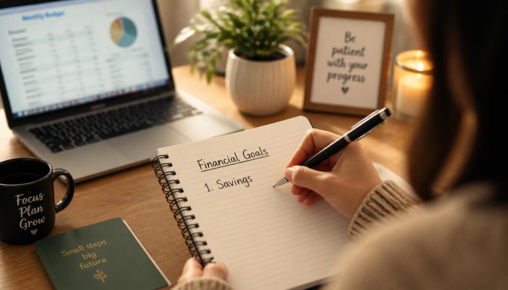 Person writing financial goals and savings targets in a personal finance journal.