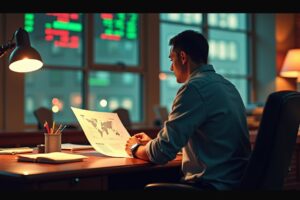 a calm investor sitting at a mahogany desk