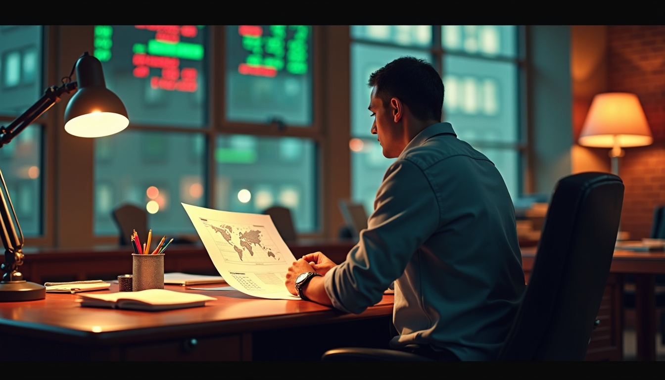 a calm investor sitting at a mahogany desk