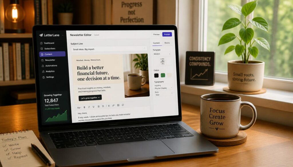 a laptop screen displaying a newsletter editor interface