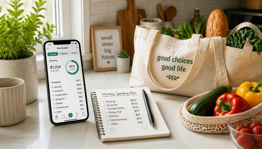 organized kitchen counter with a smartphone showing a budgeting app