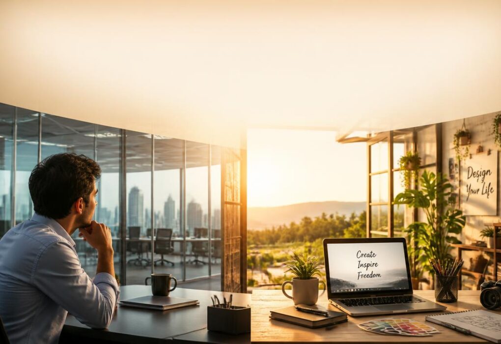 showing a person at a corporate desk on the left side looking toward