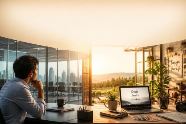showing a person at a corporate desk on the left side looking toward