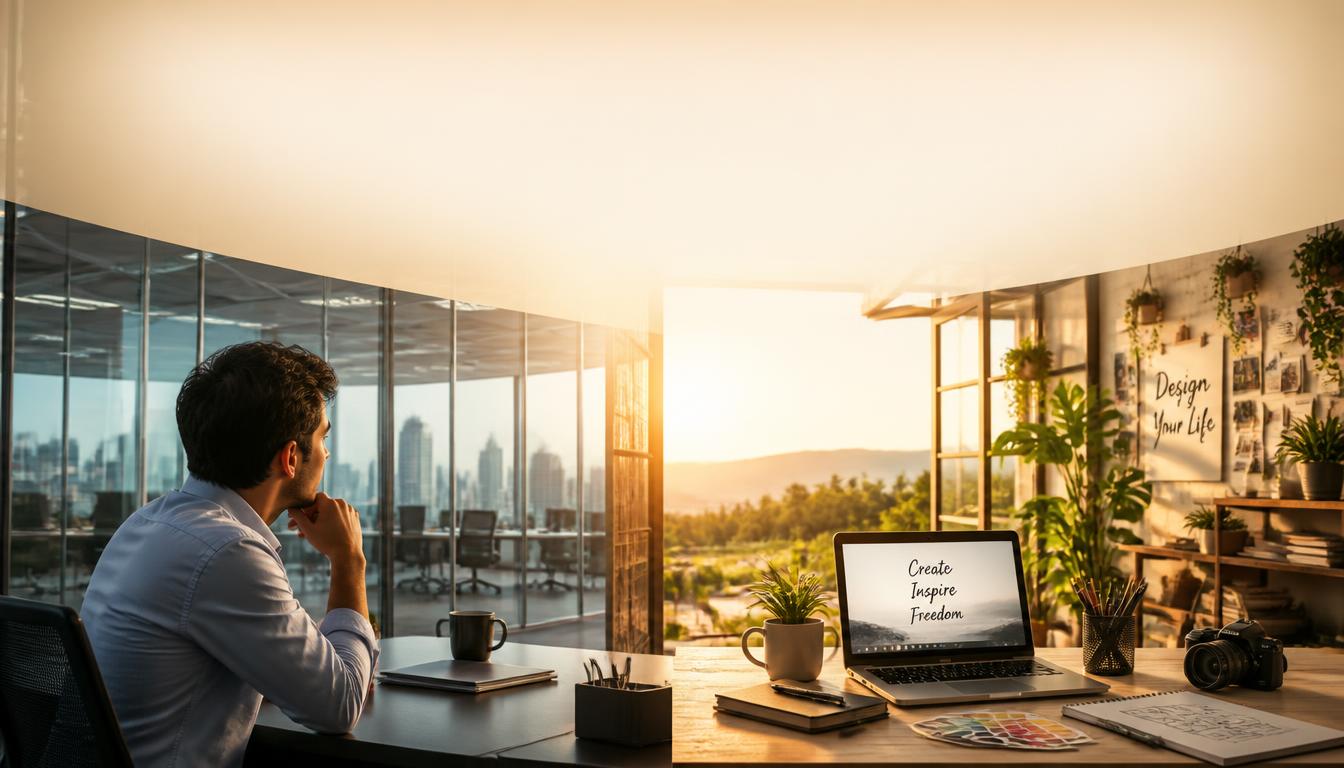 showing a person at a corporate desk on the left side looking toward