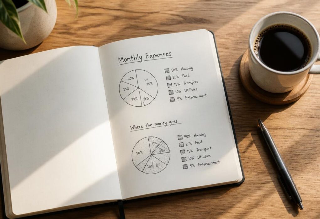 A minimalist notebook and pen for tracking monthly expenses and building financial awareness