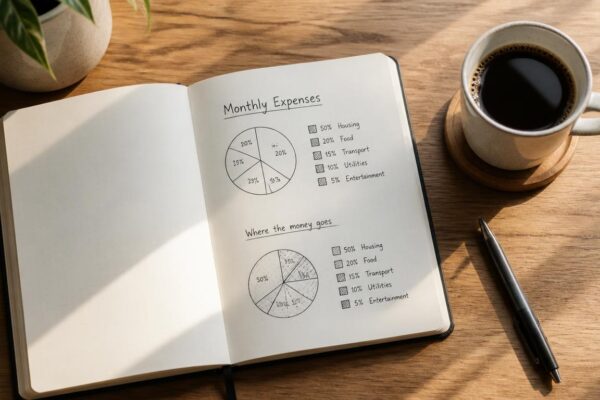A minimalist notebook and pen for tracking monthly expenses and building financial awareness