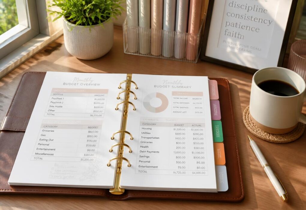 Aesthetic organized desk featuring an open personal finance binder with colorful dividers and budget sheets