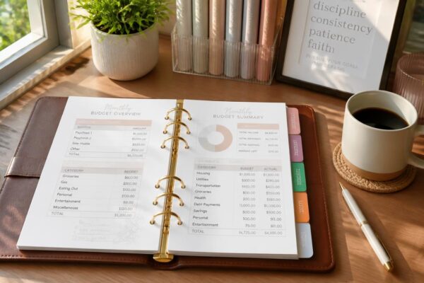 Aesthetic organized desk featuring an open personal finance binder with colorful dividers and budget sheets