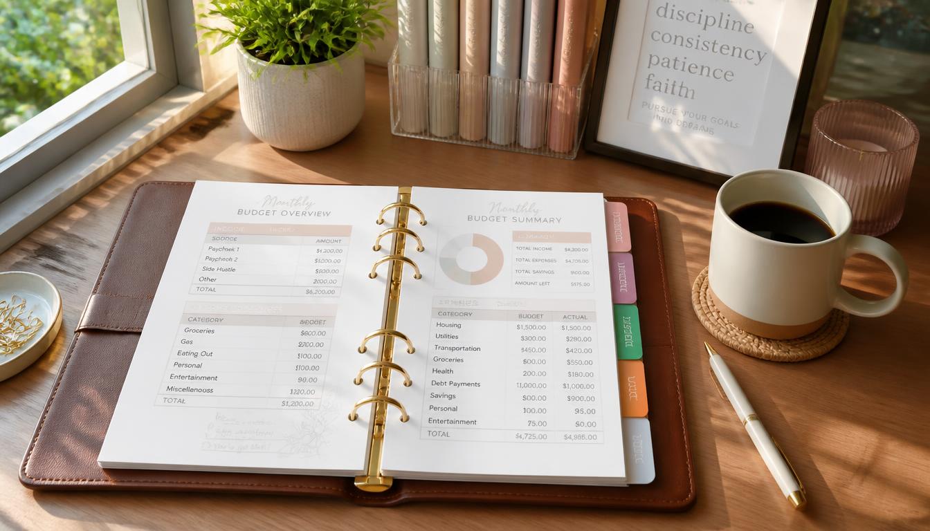 Aesthetic organized desk featuring an open personal finance binder with colorful dividers and budget sheets