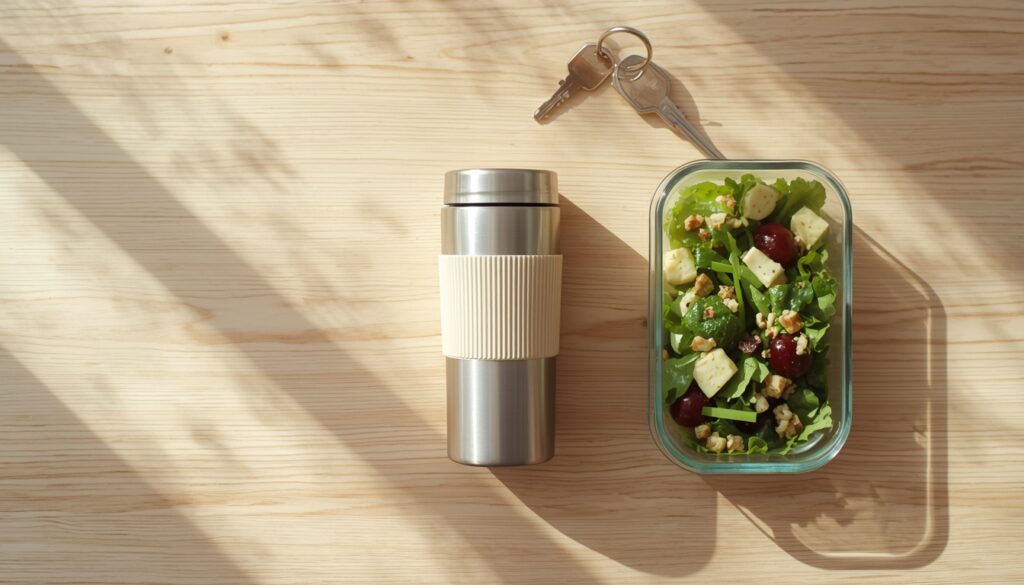 Affordable alternatives for daily expenses featuring a homemade travel coffee and a packed healthy lunch for mindful spending
