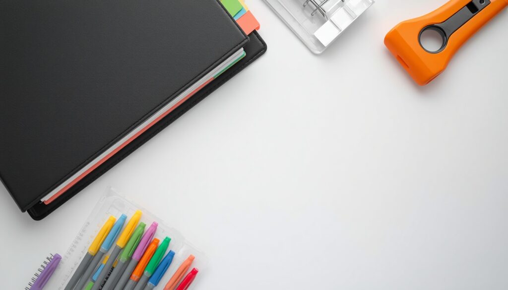 Close-up flat lay of personal finance binder supplies including dividers, sheet protectors, and color-coded pens