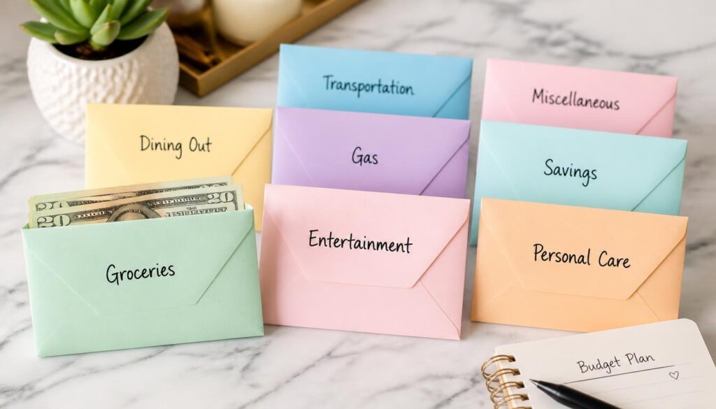 Colorful cash envelope system for organizing and limiting monthly variable expenses