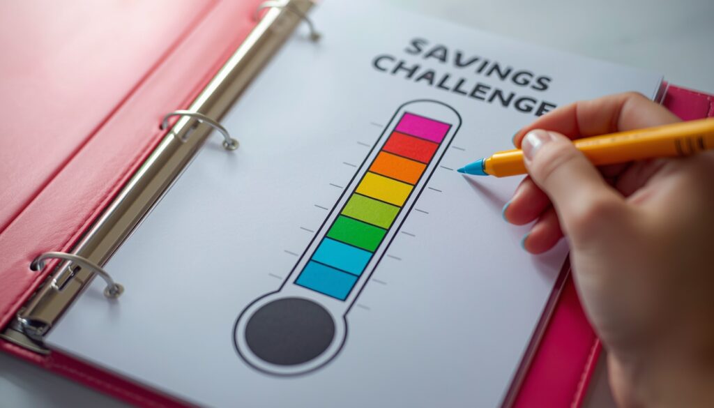 Colorful savings challenge tracker sheet inside a personal finance binder showing financial goal progress