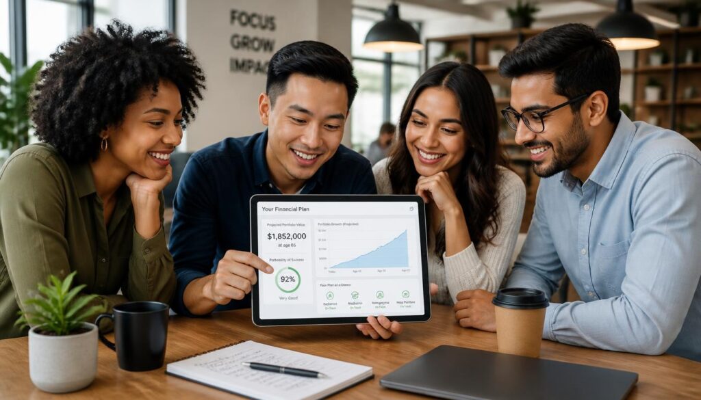 Diverse young professionals reviewing an automated financial plan on a tablet