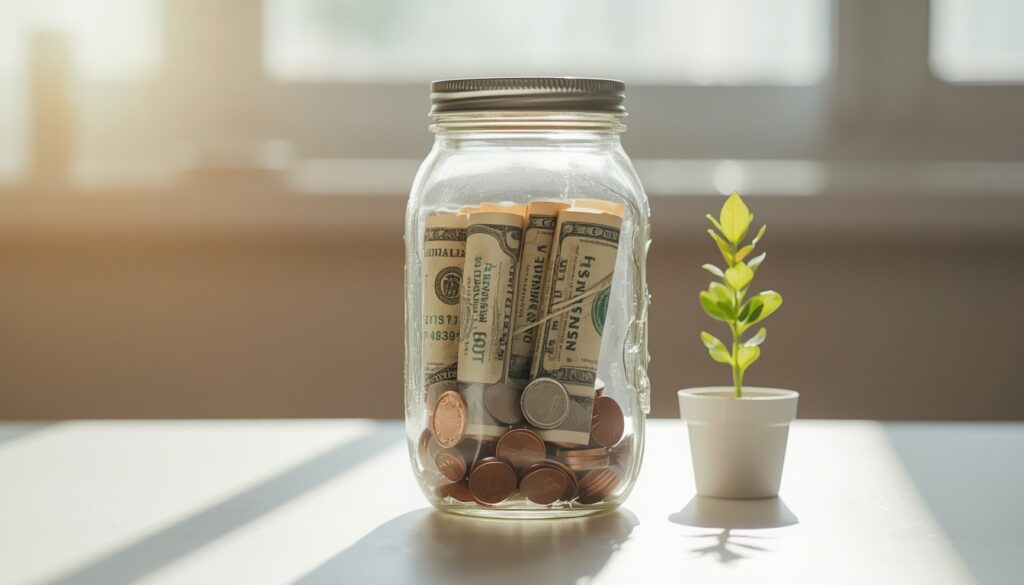 Glass jar filled with cash and coins representing an emergency savings fund