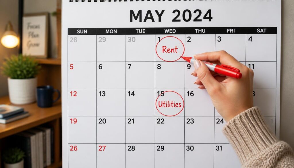 Hand marking fixed monthly bills and rent due dates on a physical wall budgeting calendar
