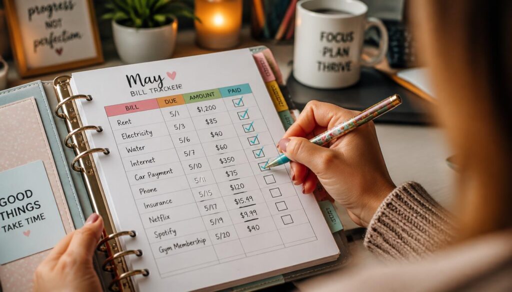 Hands using a pen to check off paid bills on a monthly calendar tracker inside a finance binder