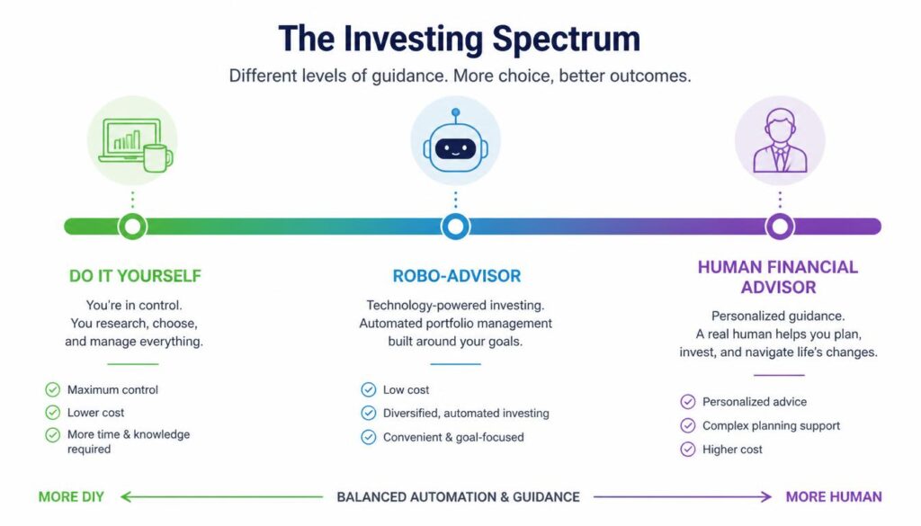Infographic showing the investing spectrum from DIY to human advisor with robo-advisor in the middle