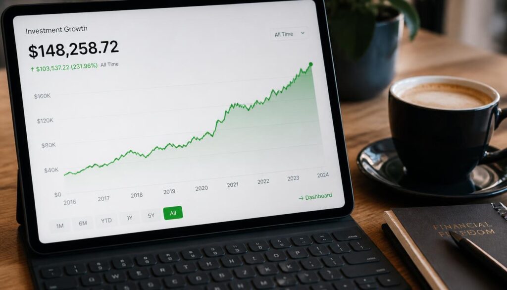 Laptop screen showing an upward trending investment graph representing compound interest and wealth building