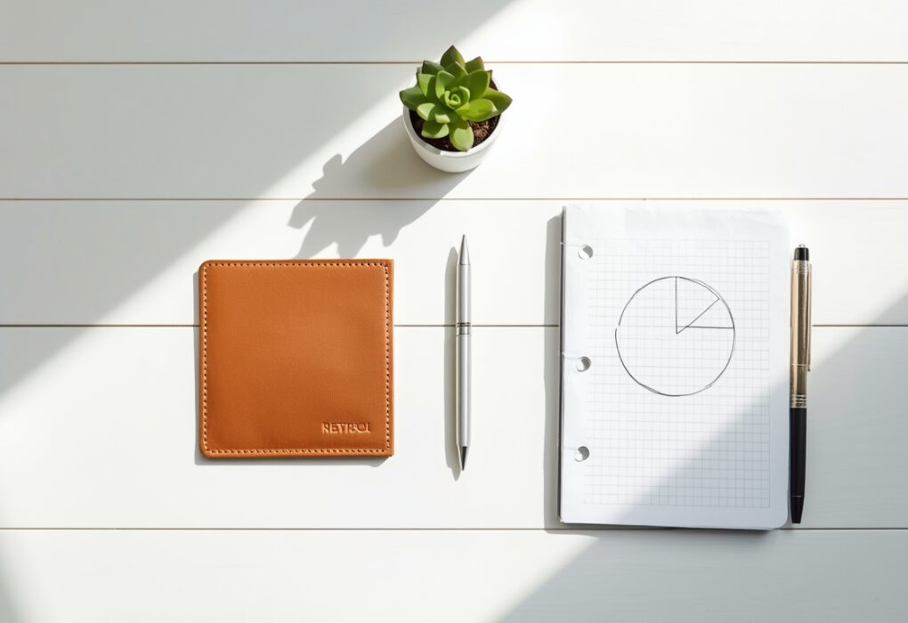 Minimalist budget challenge concept featuring a clean desk setup with a notebook and wallet representing financial clarity